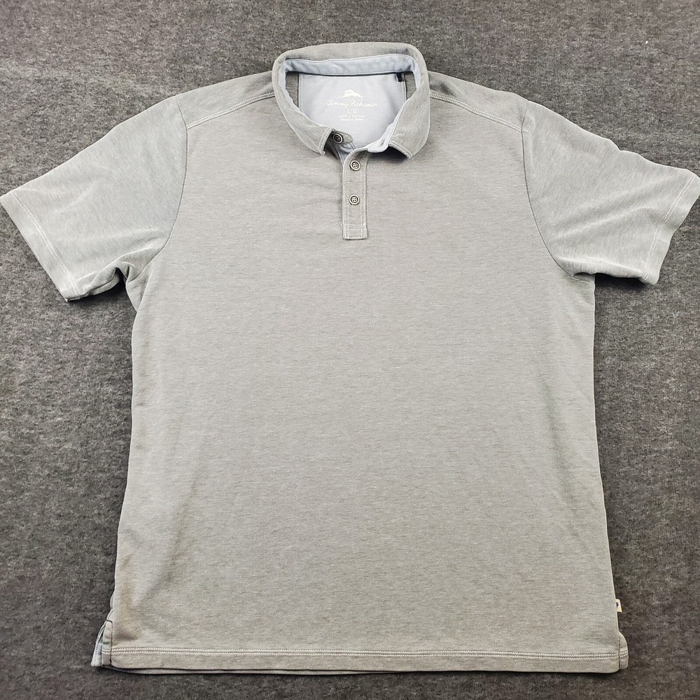 Tommy Bahama Polo Shirt Mens‎ Large Gray Polyester Tencel Golf Short Sleeves